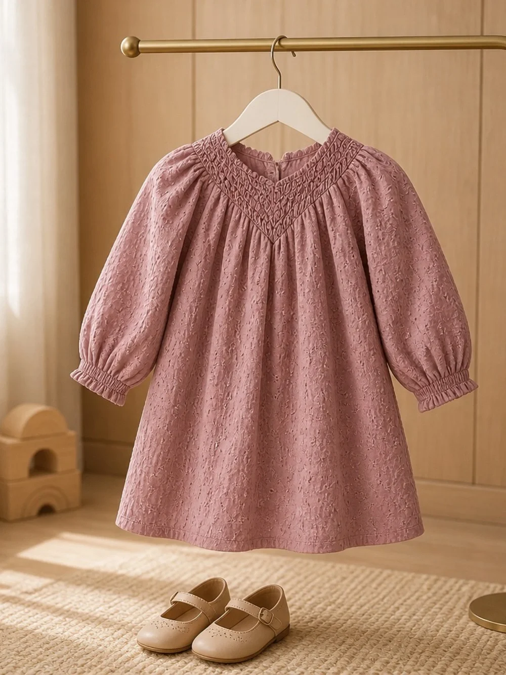 Zara Girls Dress Mauve Brown Puffy Balloon Sleeve Size 4/5 Years Textured Cotton